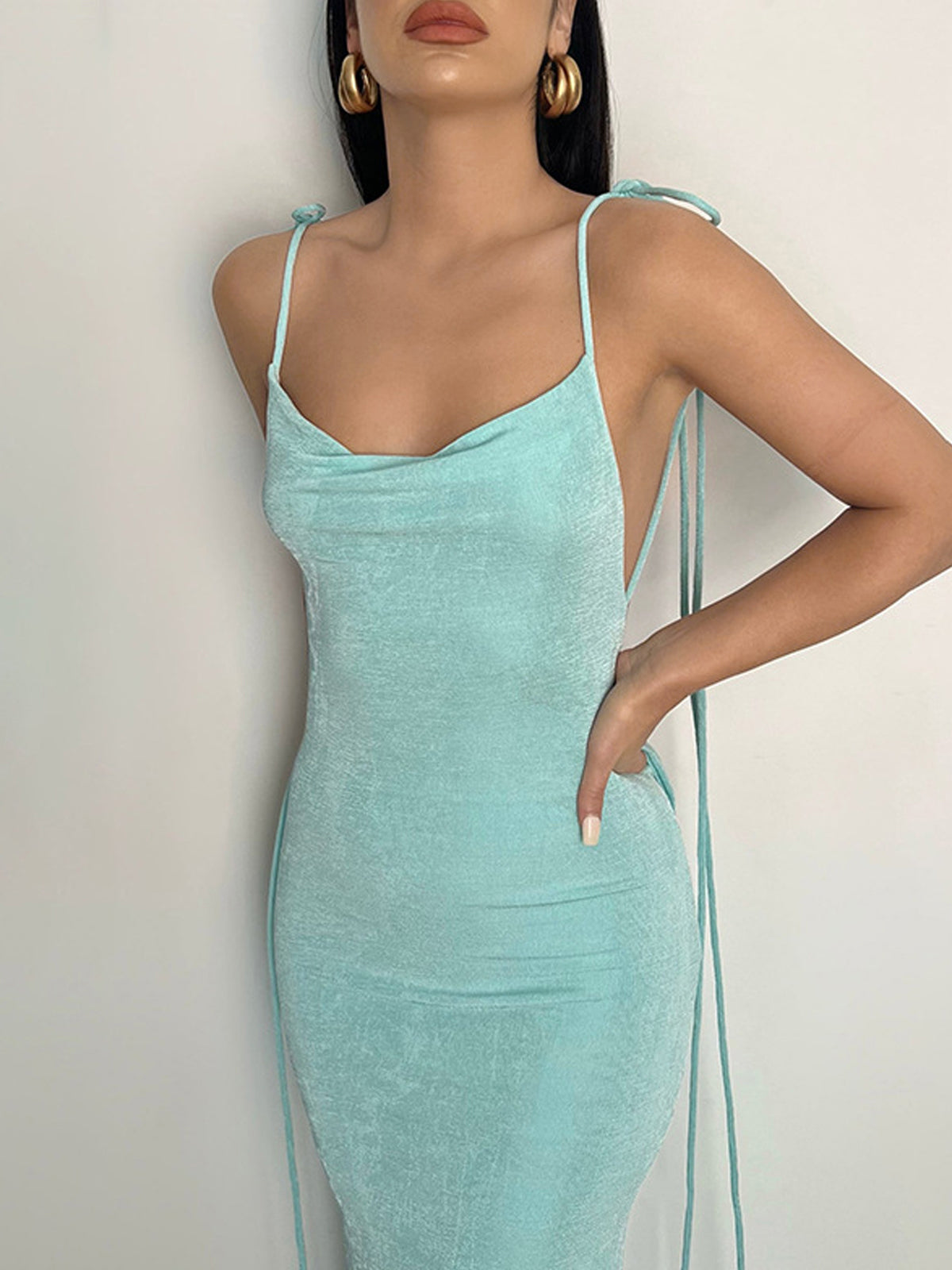 Cowl Neck Open Rug Belt Long Dress